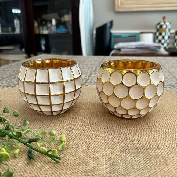 Fitz and Floyd Facet Votive Candle Holder Modern White Gold Trims Geometric 2 pc - Picture 1 of 9